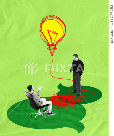 Seated man gesturing toward standing consultant with messy idea. Consultants help clients navigate complex problems. Contemporary art collage. 118274262