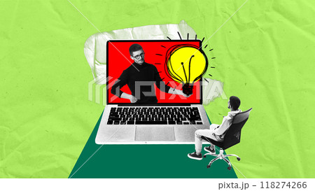 Virtual meeting. Man in a chair listening to man with lightbulb in laptop screen. Bright ideas, remote consulting. Contemporary art collage. 118274266