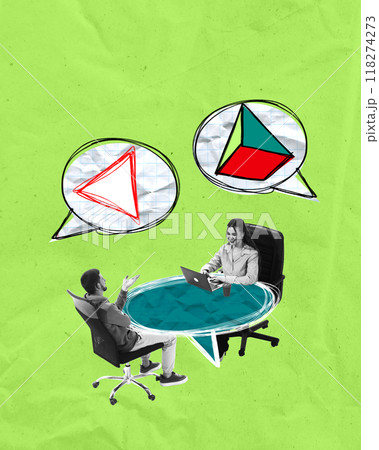 Two colleagues sitting at table, surrounded by geometric shapes symbolizing complex business problems, collaborating to find solutions. Contemporary art collage. 118274273