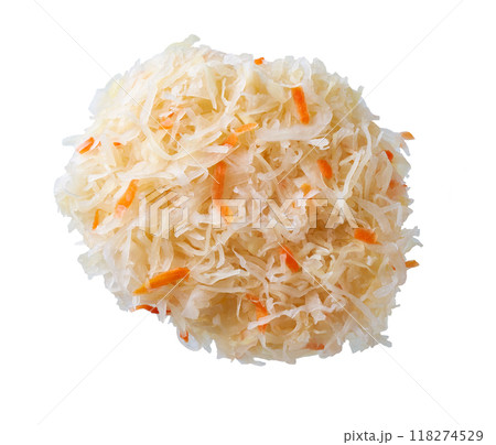 sauerkraut with carrot isolated on white background. Heap sauerkraut with carrot isolated. Top view of sauerkraut isolated. 118274529