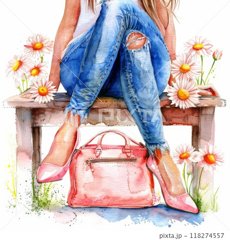 Basking in the warm sunlight, a woman sits gracefully on a wooden bench 118274557