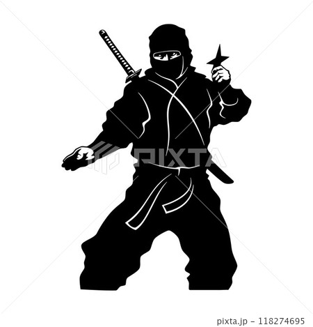 Ninjutsu fighter. Ninja, Japanese wrestler. Japan martial art. Asian warrior in mask, wrestling pose, stance, defending position, posture. vector illustration isolated on white background 118274695
