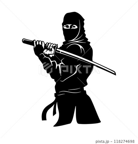 Ninjutsu fighter. Ninja, Japanese wrestler. Japan martial art. Asian warrior in mask, wrestling pose, stance, defending position, posture. vector illustration isolated on white background 118274698