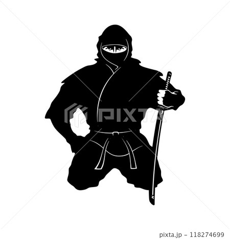 Ninjutsu fighter. Ninja, Japanese wrestler. Japan martial art. Asian warrior in mask, wrestling pose, stance, defending position, posture. vector illustration isolated on white background 118274699