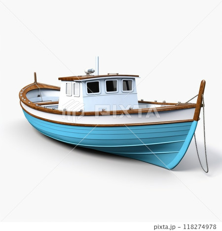 Vintage fishing boat, adding. Old wooden water vehicle isolated on a white background 118274978