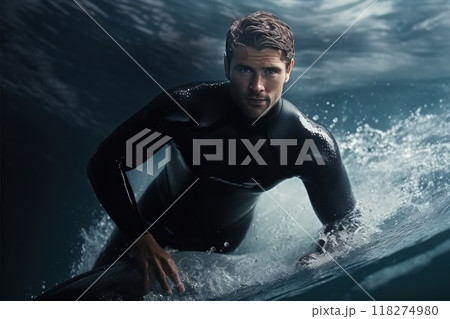 A man, in a wetsuit, surfs underwater enjoying the ocean waves 118274980