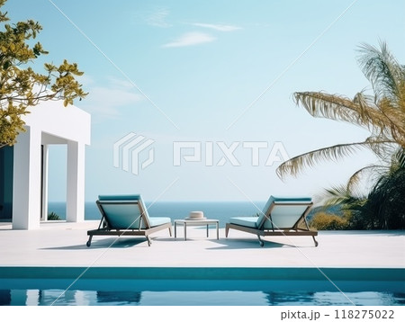 A minimalistic modern building with a swimming pool A minimalistic modern building with a swimming pool 118275022