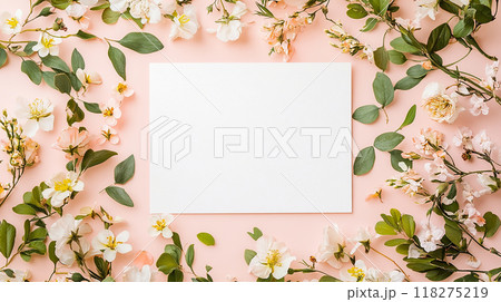パステル背景の花で彩られたフレーム 118275219