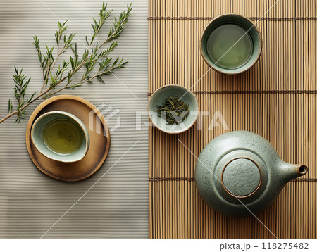 Minimalist tea ceremony setup with green tea, ceramic teaware, and bamboo mat background. Minimalist tea ceremony setup with green tea, ceramic teaware, and bamboo mat background. 118275482