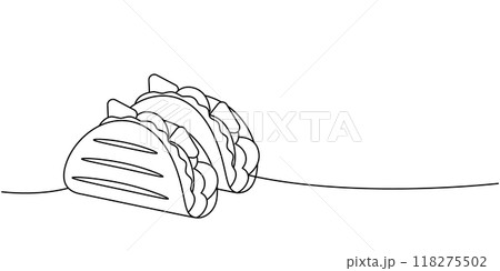 Beef tacos one line continuous drawing. Traditional Mexican street fast food. Vector linear illustration. Beef tacos one line continuous drawing. Traditional Mexican street fast food. Vector linear illustration. 118275502