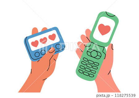 Hands with mobile phone and beeper. Sending love letters. Online payment concept. Mobile wallet. 118275539