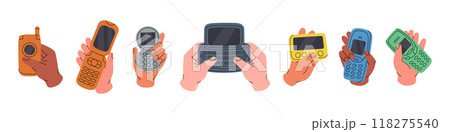 Hands hold flip mobile phones. Old mobile phone from the 90s. Retro electronic devices. Vector illustration. Hands hold flip mobile phones. Old mobile phone from the 90s. Retro electronic devices. Vector illustration. 118275540