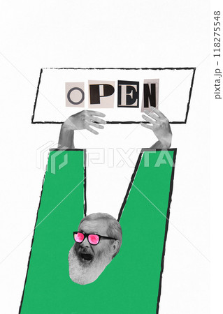 Poster. Contemporary art collage. Older man in pink sunglasses holds Open sign high, symbolizing enthusiasm and readiness for new opportunities. 118275548
