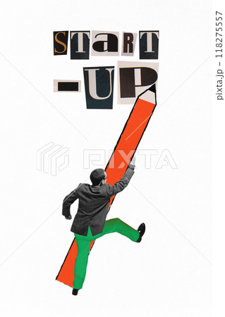 Poster. Contemporary art collage. Man climbs bright orange pencil towards words Start-Up symbolizing ambitious upward movement of creativity. 118275557