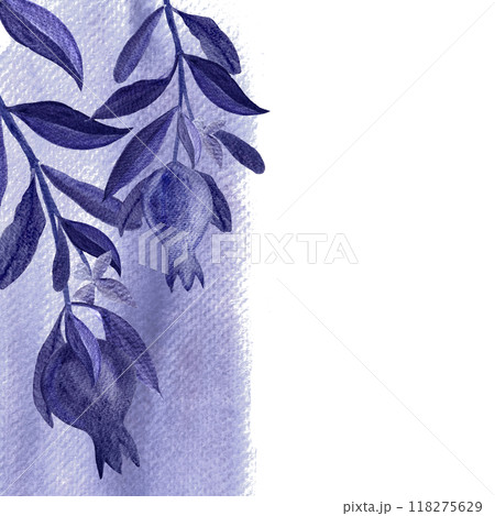 Pomegranate branch vertical watercolor monochrome card isolated on white. Hand painted art in shades of dark violet color ideal for sophisticated designs banners, posters, food blogs, stationary 118275629