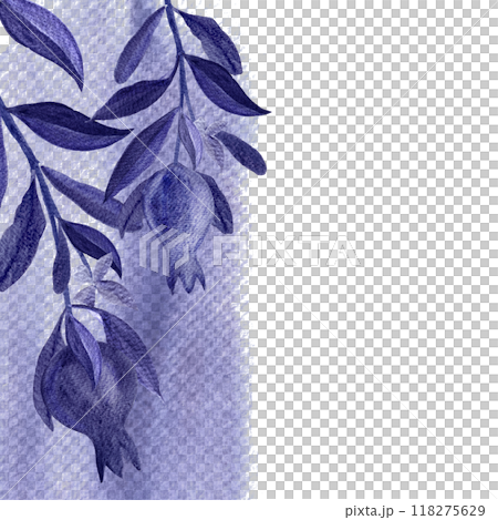 Pomegranate branch vertical watercolor monochrome card isolated on white. Hand painted art in shades of dark violet color ideal for sophisticated designs banners, posters, food blogs, stationary 118275629