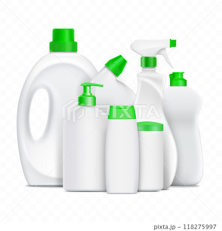 Collection of plastic bottles with detergent. 118275997