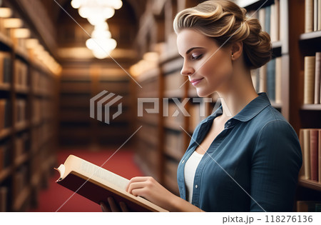 A young woman enthusiastically reads a book in the university library, the blurred background of the bookshelves A young woman enthusiastically reads a book in the university library, the blurred background of the bookshelves 118276136