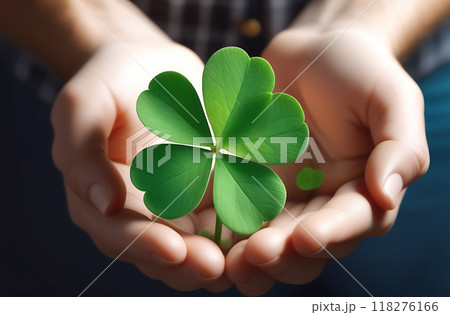 Close-up of a green four-leaf clover in the palms, a traditional symbol 118276166