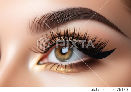 Creative makeup with extended eyelashes and eyeliner arrows. The concept of stylish makeup, close-up 118276170
