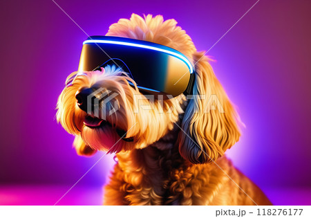 Funny dog with virtual reality glasses, neon background, humor Funny dog with virtual reality glasses, neon background, humor 118276177