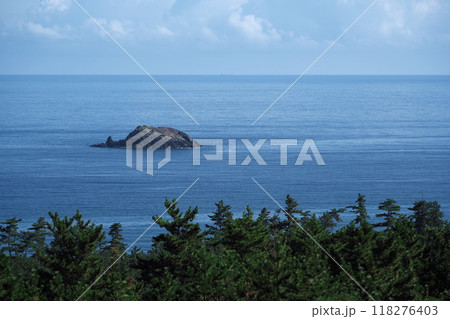 夏の鳥取県　鳥取砂丘から日本海に浮かぶクジラ島を砂丘センター 展望テラスから臨む 118276403