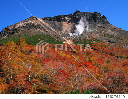 噴煙をあげる那須茶臼岳と鮮やかな紅葉 噴煙をあげる那須茶臼岳と鮮やかな紅葉 118276440