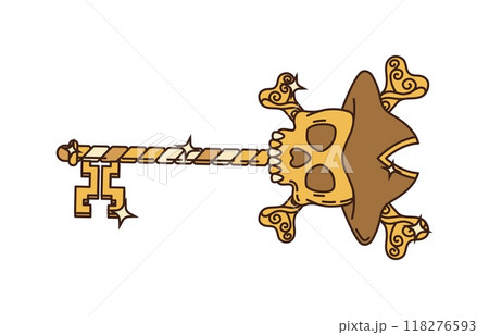 Cartoon groovy pirate and corsair ancient key. Isolated vector mysterious golden skeleton key with skull, crossbs and tricorn hat, whispers tales of forgotten secrets and unlock doors to the past Cartoon groovy pirate and corsair ancient key. Isolated vector mysterious golden skeleton key with skull, crossbs and tricorn hat, whispers tales of forgotten secrets and unlock doors to the past 118276593