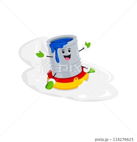 Cartoon paint bucket, Christmas diy and repair tool character, wearing a cheerful expression, gleefully slides downhill on a sled. Isolated vector dye personage spreading artistic joy on the snow 118276625