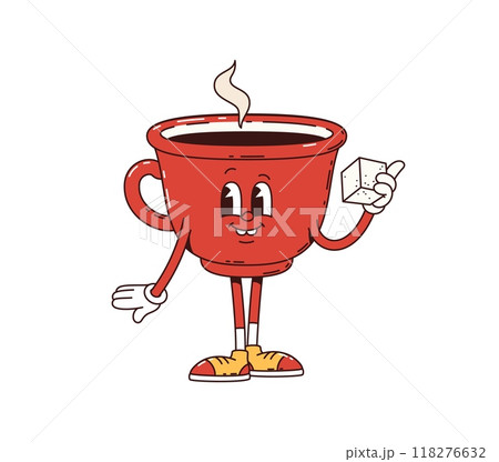 Coffee cup retro groovy breakfast character with cheerful face, wearing sneakers, holding a piece of sugar. Isolated cartoon vector red porcelain hot coffee mug personage with rising steam 118276632