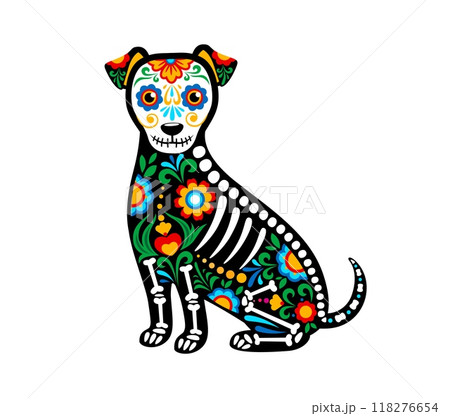 Day of the dead Mexican dog animal skeleton tattoo with vibrant traditional patterns and skeleton motifs, capture festive spirit and cultural significance of the Dia de los Muertos holiday celebration 118276654