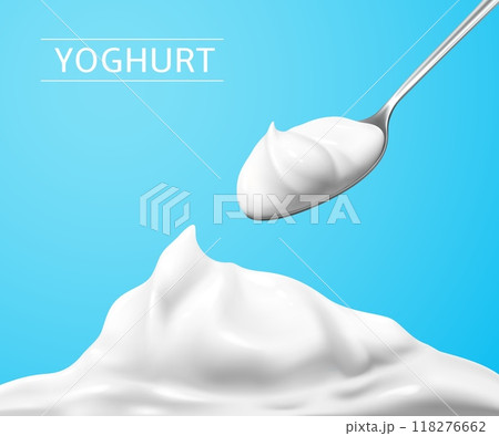 Greek yoghurt, sour cream or mayonnaise. Realistic 3d vector spoon lifting a creamy dollop of Greek yoghurt with smooth texture, promotes healthy eating, dairy product for culinary and food industry 118276662
