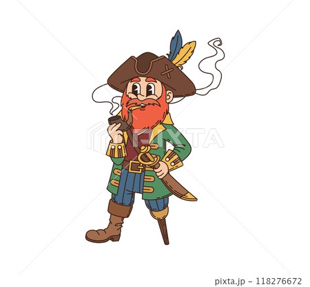 Cartoon groovy pirate and corsair character. Isolated vector cheerful captain personage with a peg leg and pipe, wears a tricorn hat with a feather, stands confidently, gripping a sword in hand 118276672