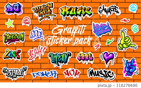 Graffiti urban street art stickers pack. Vector vibrant words like music, style, savage, love and cool. Wow, music, yeah, power or freedom along with urban street art symbols displayed on a brick wall Graffiti urban street art stickers pack. Vector vibrant words like music, style, savage, love and cool. Wow, music, yeah, power or freedom along with urban street art symbols displayed on a brick wall 118276680