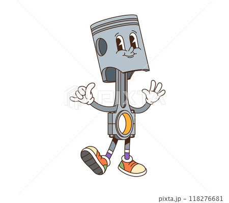 Retro groovy car piston character with expressive eyes and a wide smile, complete with colorful sneakers and vintage funky vibe. Isolated cartoon vector friendly automotive vehicle part personage 118276681