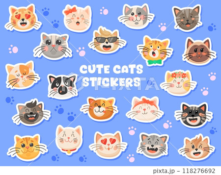 Cute cat kitten pet stickers of funny muzzle faces, vector meow and paw icons. Kids cartoon cats and kitty stickers with happy smile on face, love heart eyes and funky laughing for emoji emoticons 118276692