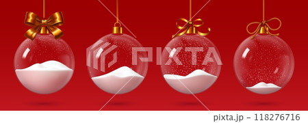 Christmas glass bauble with snow. Realistic 3d vector transparent glass spheres for xmas and new year winter holiday celebration. Crystal baubles ornament with snowflakes, elegant festive decoration 118276716