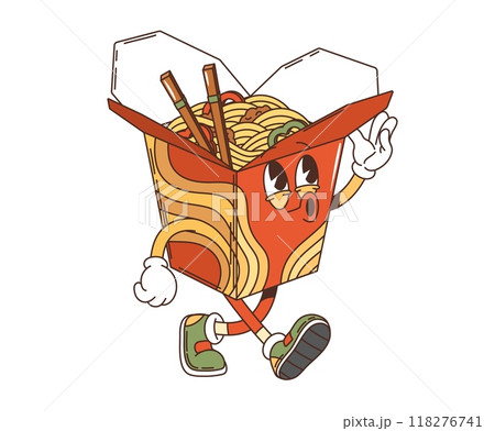 Retro noodles box groovy character. Isolated vector takeout wok package personage with cheerful expression and chopsticks sticking out, walking in a lively manner exudes carefree appetizing vibes Retro noodles box groovy character. Isolated vector takeout wok package personage with cheerful expression and chopsticks sticking out, walking in a lively manner exudes carefree appetizing vibes 118276741