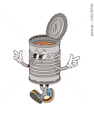 Groovy retro cartoon travel character, conserves food tin can with funky face, vector comic smile. Groovy travel emoji or emoticon of open tin can with traveler or tourist food for summer vacations 118276749