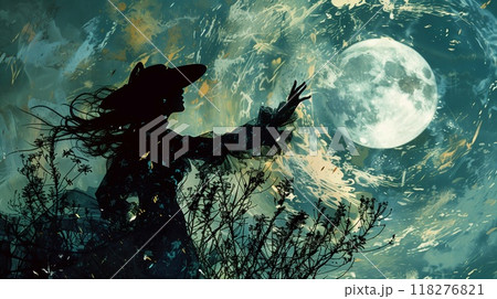 A witch reaches out toward the glowing full moon, her silhouette framed by dark foliage and swirling clouds during a night of divination 118276821
