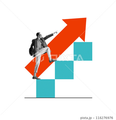 Man climbing steps with arrow going upwards. Growth and progress. Businessperson achieving new heights in career. Conceptual design. 118276976