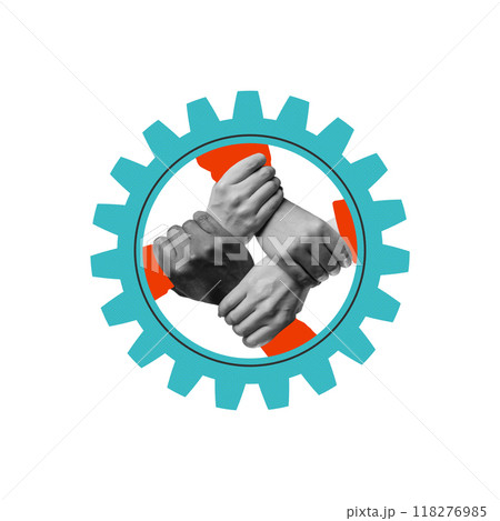 Hands forming gear, symbolizing teamwork and human resources. Effective collaboration. Conceptual design. Friendly integration of new employee 118276985