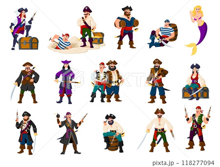 Cartoon sailor and skipper pirate characters, boatswain and captain corsairs or filibusters, buccaneers and mermaid vector personages. Cute pirate girls and corsair sailors with hats, swords and guns Cartoon sailor and skipper pirate characters, boatswain and captain corsairs or filibusters, buccaneers and mermaid vector personages. Cute pirate girls and corsair sailors with hats, swords and guns 118277094