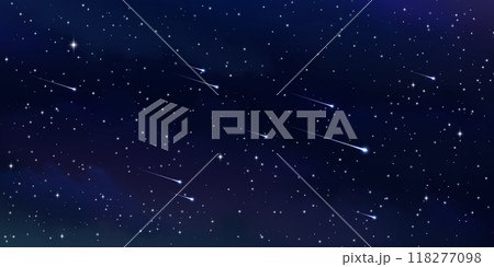 Starry space sky. Realistic vector dark cosmos with comets and asteroids, shooting stars with trails, bolides with blue luminous traces streak across night heaven. Cosmic meteorites in far galaxy 118277098