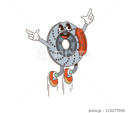 Retro groovy car break disk character jumping with raised arms, trendy sneakers and happy face expression. Isolated cartoon vector jovial vehicle part personage expressing a lively and fun vibes Retro groovy car break disk character jumping with raised arms, trendy sneakers and happy face expression. Isolated cartoon vector jovial vehicle part personage expressing a lively and fun vibes 118277099