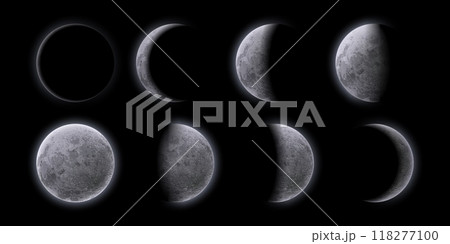 Crescent moon phases at night sky. Realistic 3d vector sequence frame shows the moon satellite varying shapes from eclipse, waning and waxing, to full moon. Natural lunar celestial astronomical cycle 118277100