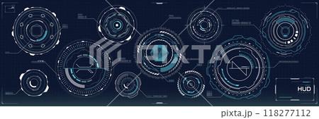 Futuristic digital HUD elements and cyber technology UI interface, vector elements. HUD round circles and futuristic radars or controls for interface dashboard with target aim monitor and data charts 118277112