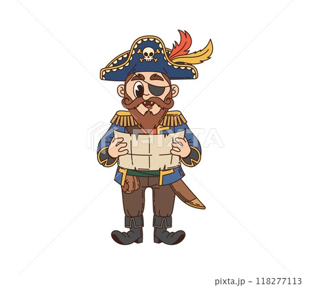 Cartoon groovy pirate and corsair character reads a treasure map. Isolated vector nautical captain personage with an eyepatch, tricorn hat, coat with gold epaulets and black boots, finds hidden loot 118277113
