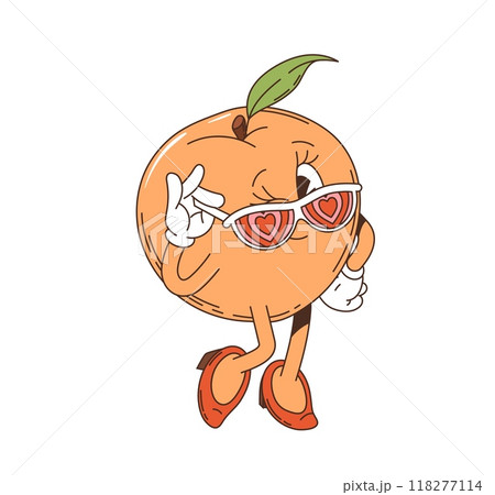 Cartoon groovy peach retro character. Isolated vector vintage style female fruit personage wearing gloves, heeled shoes and heart-shaped sunglasses, striking a fun pose with a flirty face expression 118277114