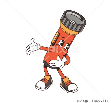 Cartoon flashlight retro groovy travel character, camp and tourism personage. Isolated vector anthropomorphic tourist light equipment wearing sneakers, invite for camping with friendly face expression 118277115